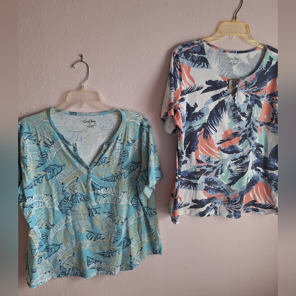 Tropical Print Blouses - Blue and Coral